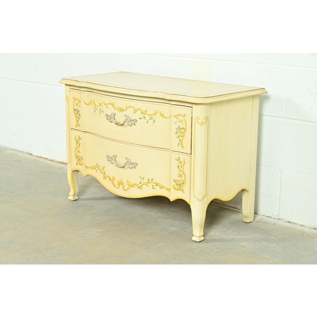 French Provincial Drexel Heritage French Provincial Louis XV Cream Lacquered Paint-Decorated Commode or Bedside Chest, 1970s For Sale - Image 3 of 12