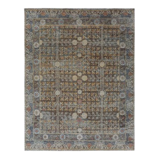 Rug & Kilim’s Block Print Runner Rug in Brown and Blue with Geometric Florals - 3x6 For Sale