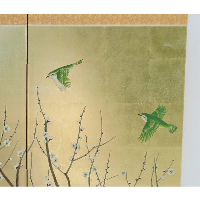 C.1970's Vintage Japanese Byobu Silk Screen Gilt Gold & Silver Leaf & Hand-Painted 4-Panel Wall Screen For Sale In West Palm - Image 6 of 12