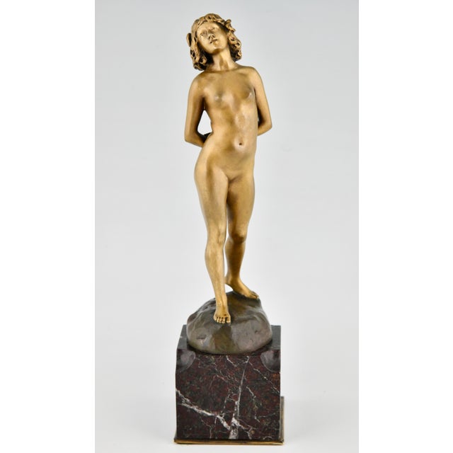 Elegant Art Nouveau standing nude by Joe Descomps. Gilt bronze on marble base with Susse Frères foundry mark, France circa...