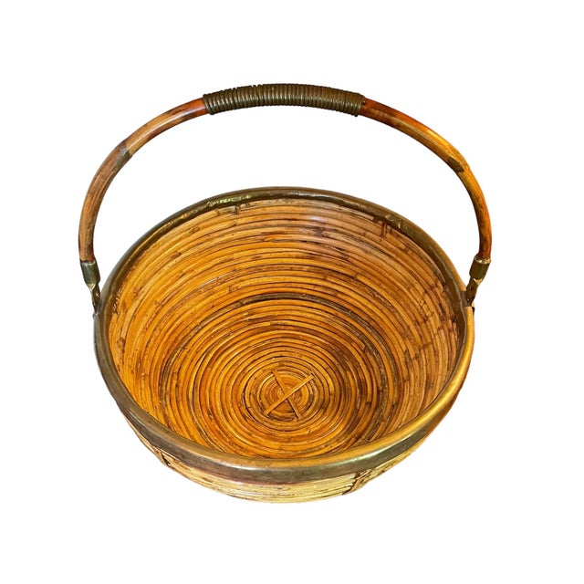 1960s Vintage Gabriella Crespi Style Rattan and Brass Basket With Handle For Sale - Image 6 of 9