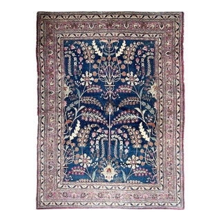 1930s Midnight Indigo TREE OF LIFE Seafoam Almond Rug 8.7 x 11.9 For Sale