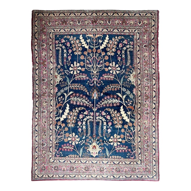 1930s Midnight Indigo TREE OF LIFE Seafoam Almond Rug 8.7 x 11.9 For Sale