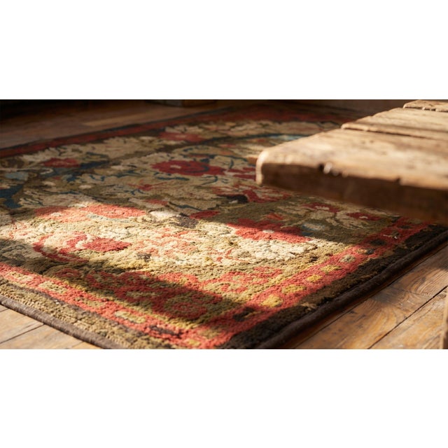 Textile 1890s Brown Floral Folk Art Antique American Hooked Rug 3'0" X 5'2" Handknotted Wool Carpet For Sale - Image 7 of 8