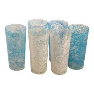 Vintage Collectible Retro Highball Spaghetti Tumblers Set of 6 Blue and White