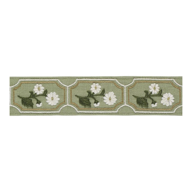 Sample - Schumacher Jolie Hand Embroidered Tape Trim in Green For Sale