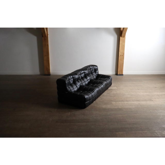 Animal Skin Kashima Three Seater Sofa in Black Leather by Michel Ducaroy for Ligne Roset, 1970s For Sale - Image 7 of 15