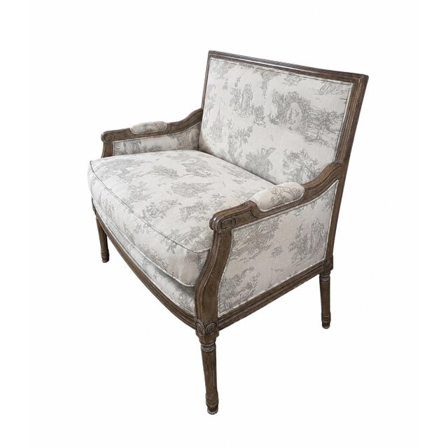 Cream French Louis XVI Style Toile Upholstered Settee With Distressed Carved Wood Frame For Sale - Image 8 of 9