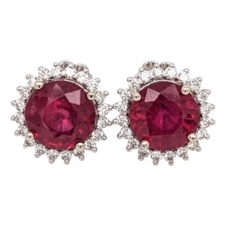 5.8cts Ruby Stud Earrings With Natural Diamonds Accents: Solid 14k Gold, 10mm For Sale