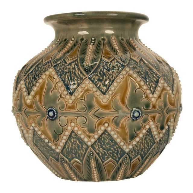 Late 19th Century Antique Aesthetic Movement Doulton Lambeth Stoneware Vase Elizabeth Atkins 1883 For Sale - Image 5 of 13