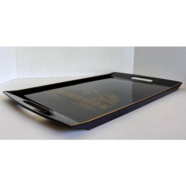 Japanese Vintage Marusei Japanese Black Serving Tray With Gold Bamboo Design For Sale - Image 3 of 10