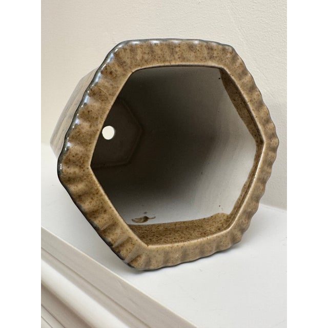 Vintage Chinoiserie Landscape Scene Glazed Ceramic Hexagon Vase, Taupe & Black For Sale - Image 11 of 12