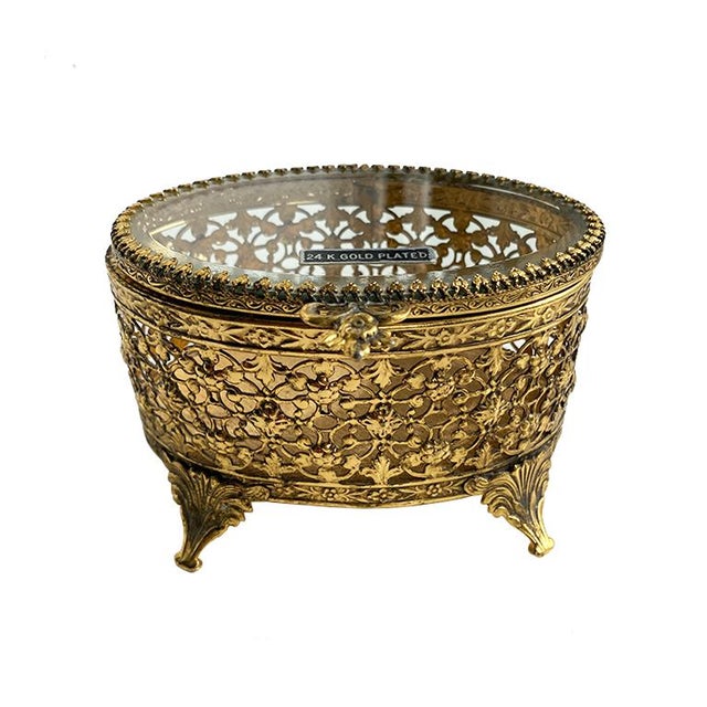 Late 20th Century Oval 24k Gold Plated Pierced Glass Footed Jewelry Box With Lid For Sale - Image 5 of 5