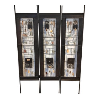 Post Modern 80's 90's Iron Folding Screen With Wood and Stone Elements For Sale