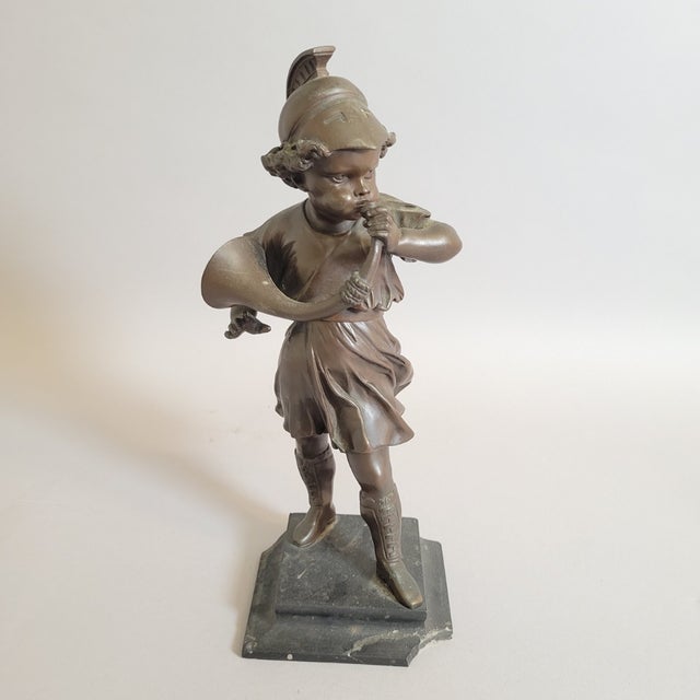 Figurative Grand Tour Revival Bronze Boy With Horn on Marble Base For Sale - Image 3 of 9