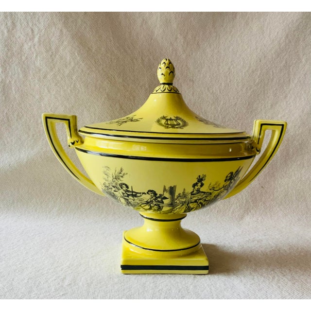 Italian Vintage Yellow Black Toile Creil Ware Covered Tureen Italian Porcelain For Sale - Image 3 of 18
