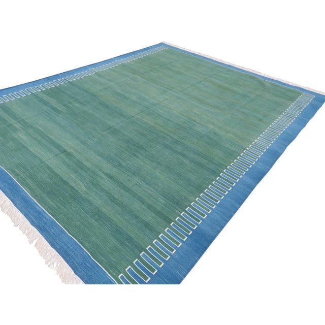 Handmade Green and Blue Geometric Cotton Rug. For Sale - Image 6 of 11