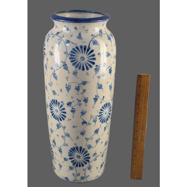Ceramic Vintage Pottery Blue & White Hand Painted Floral 17.5'' Tall Floor Table Vase For Sale - Image 7 of 13