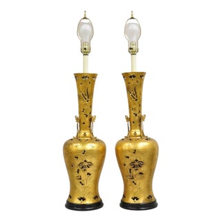 Vintage Chinoiserie James Mont Style Tall Gold Gilt Metal Table Lamps - A Pair For Sale