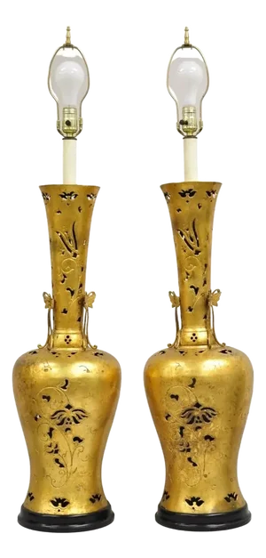 Vintage Chinoiserie James Mont Style Tall Gold Gilt Metal Table Lamps - A Pair
