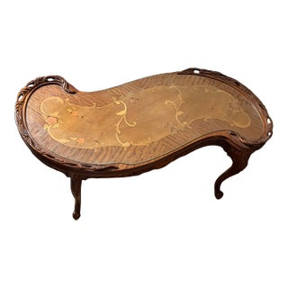 Vintage French Provincial Marquetry Inlay Serpentine Kidney Coffee Table With Glass Top For Sale