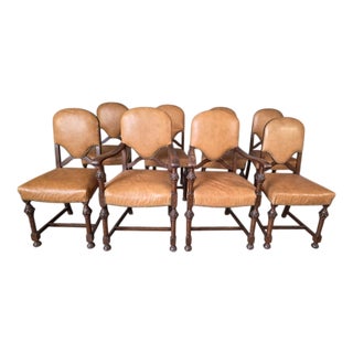 Antique Oak and Leather Dining Chairs, Set of 8 For Sale