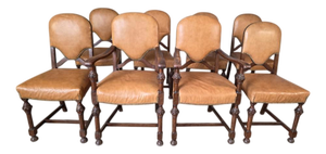 Antique Oak and Leather Dining Chairs, Set of 8