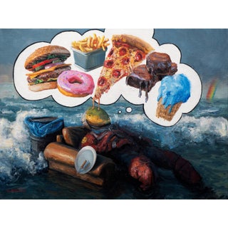 Enjoy the Temptations of the Past by Andreas Claussen | Oil on canvas Man dreaming of junk food. For Sale
