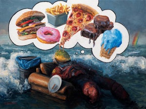 Enjoy the Temptations of the Past by Andreas Claussen | Oil on canvas Man dreaming of junk food.