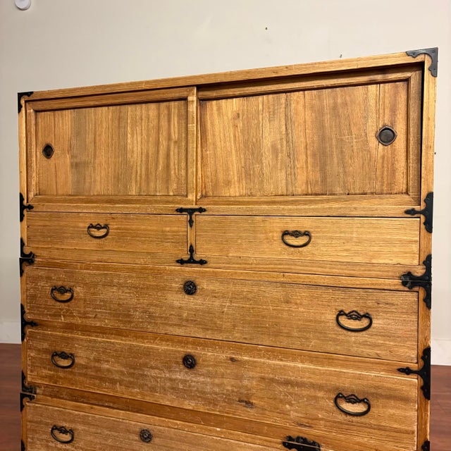 Wood Antique Japanese Three-Section Kiri Tansu Chest For Sale - Image 7 of 14