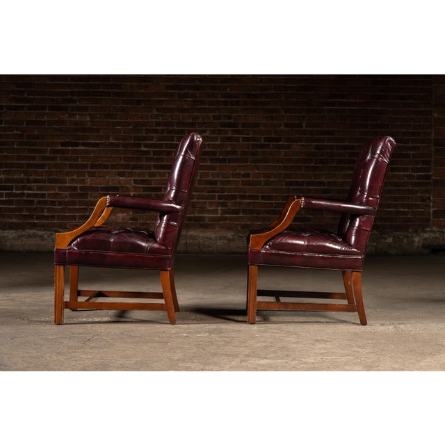 Late 20th Century Pair of Tufted Leather Square-Back Dining Chairs in Oxblood For Sale - Image 9 of 17