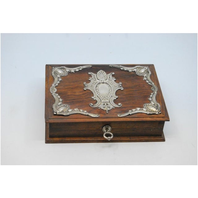 Wooden Jewelry Box with Silver Applications and Key For Sale - Image 3 of 7
