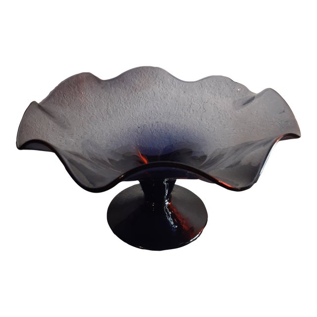 1970s Bischoff Amethyst Glass Pedestal Ruffled Compote For Sale
