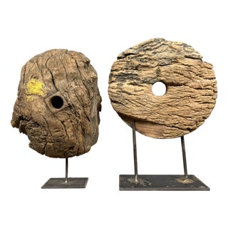 Wooden Pulley Wheels Mounted on an Iron Base, 1800s, Set of 2 For Sale