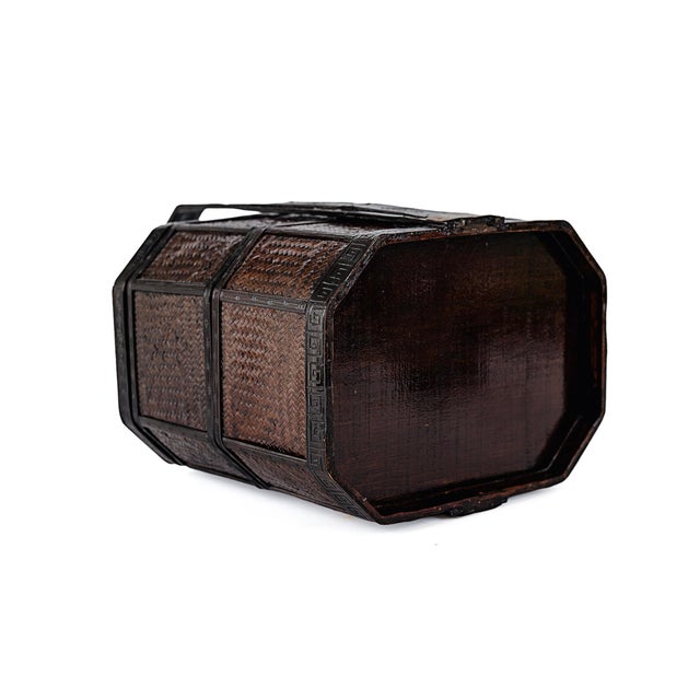 Wood Antique 2 Two Tiered Chinese Wedding Basket in Dark Wood & Bamboo Rattan For Sale - Image 7 of 12
