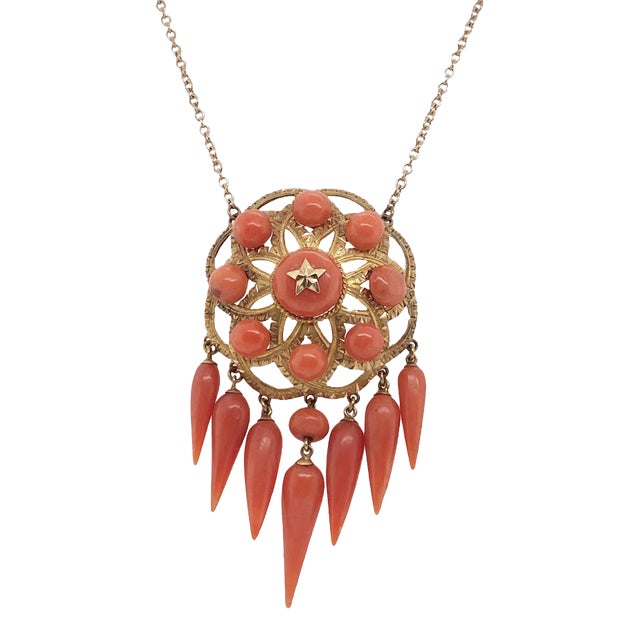 Victorian 14k Gold Coral Repurposed Pendant Necklace For Sale