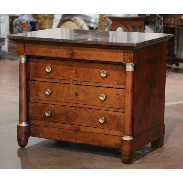 Late 19th Century 19th Century French Empire Marble Top Carved Veneer Elm Commode Chest of Drawers For Sale - Image 5 of 12
