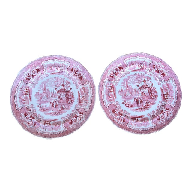 A Pair of Antique Staffordshire "Palestine" Pink Transfer Decorated Plates, 1830’s For Sale