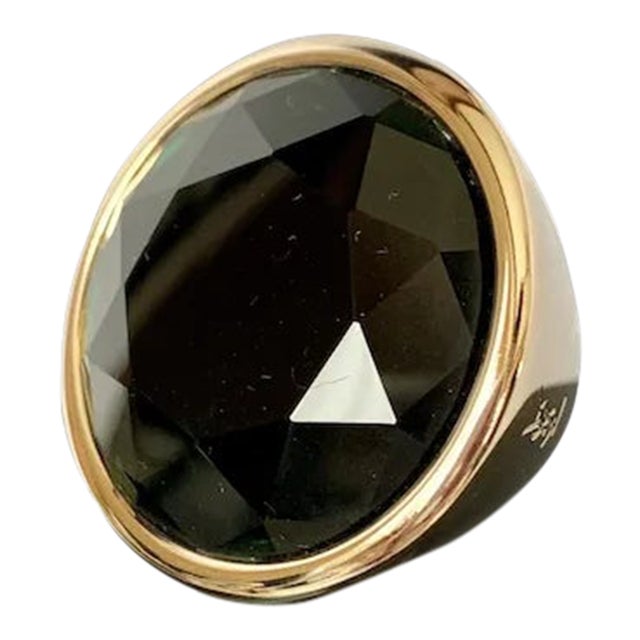 Yves Saint Laurent Gold Tone & Green Stone Ring, Size 6.5 For Sale