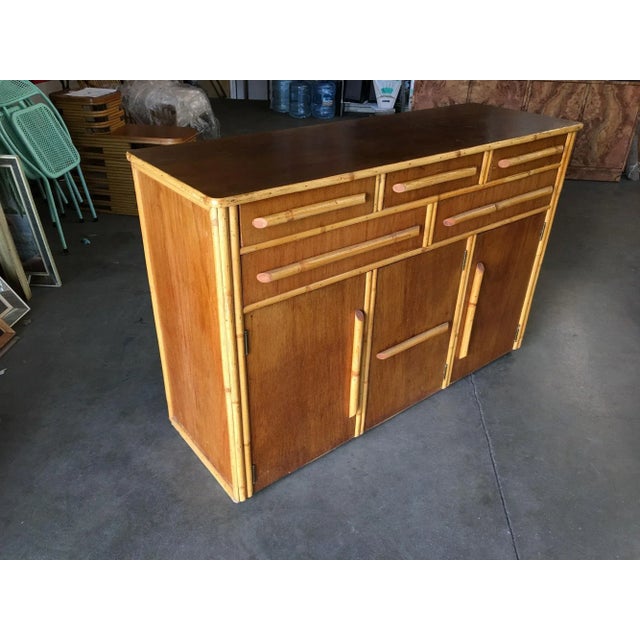 Mid-Century Modern 1940s Restored Stacked Rattan Sideboard with Mahogany Top For Sale - Image 3 of 11