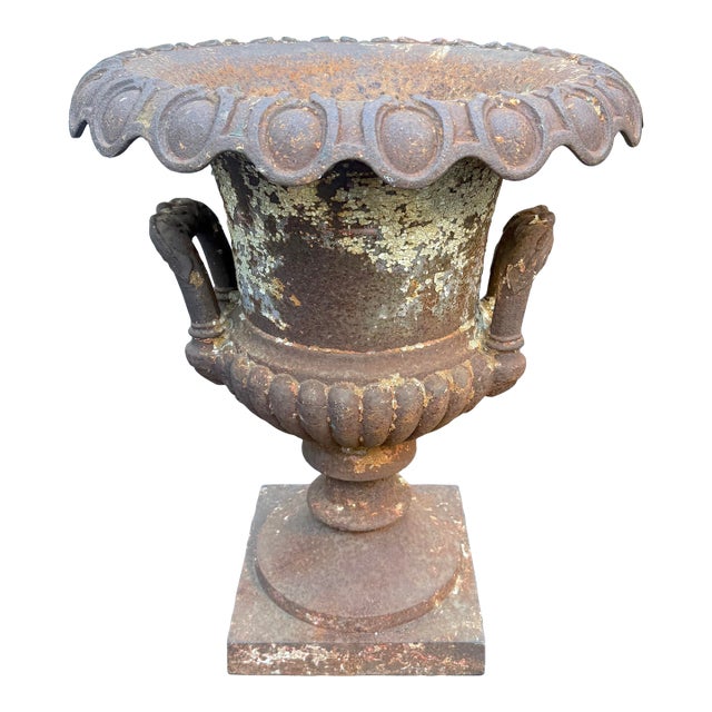 Huge Antique Late Victorian French Heavy Cast Iron Outdoor Planter Urn W/ Handle For Sale