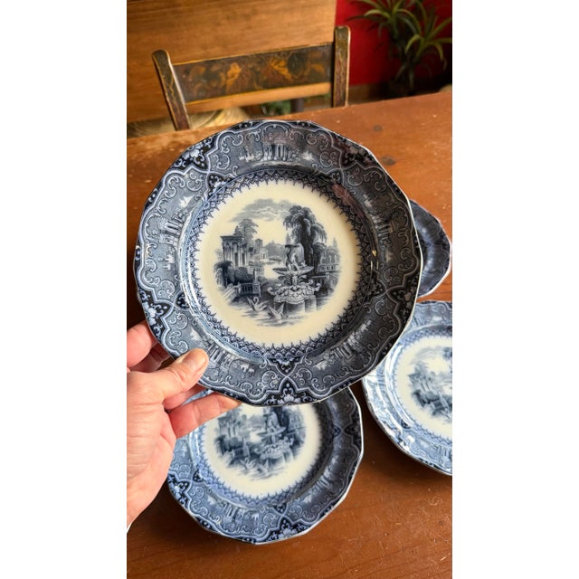 Farmhouse A Super Rare Set of 6 Antique Flow Black Ironstone Plates “Athens” by W. Adams, Circa 1850’s For Sale - Image 3 of 12