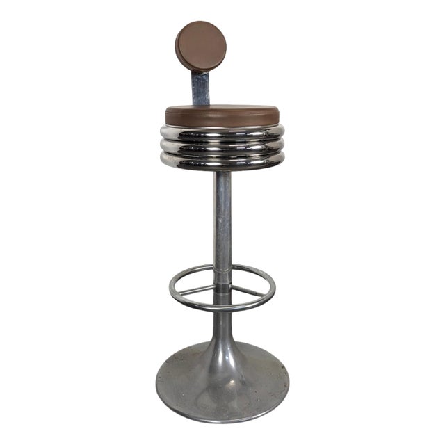 Chrome Bar Stool with Tulip Base and Backrest, 1970s For Sale