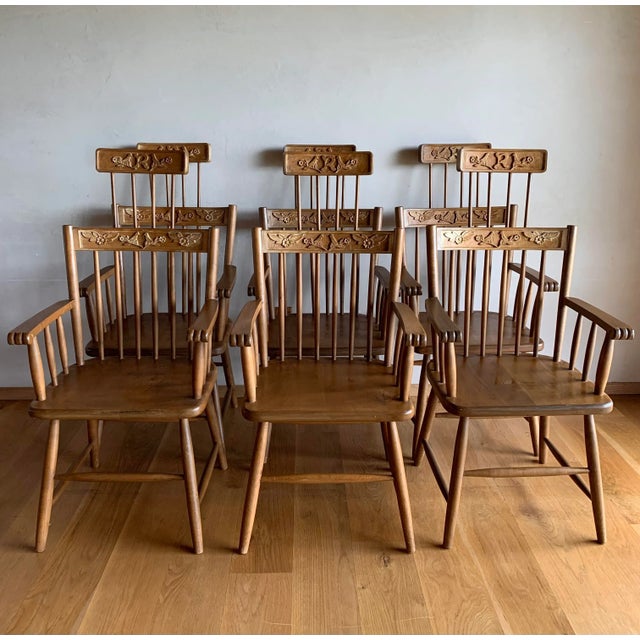 1960s Vintage Antique Rock Maple High Back Spindle Bobbin Heirloom Storybook Hand Carved Birds and Flowers With Initials Dining Chairs Armchairs- Set of 6 For Sale - Image 5 of 13