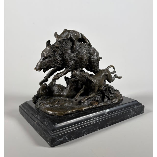 Pierre Jules Mene, Wild Boar Captured by Four Dogs, 1800s, Bronze & Marble For Sale - Image 3 of 9