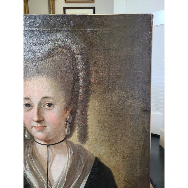 Antique 18th Century Oil Painting Portrait of a Lady in Pearl Earrings For Sale - Image 9 of 12
