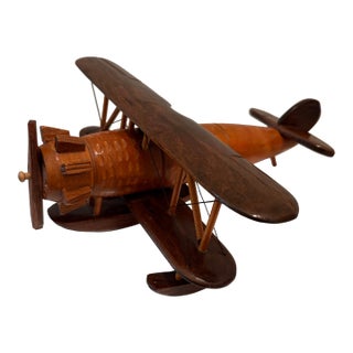 Vintage Mid-Century Handcrafted Wood Biplane Seaplane Handmade Model. Ralph Lauren Bookcase Aesthetic For Sale