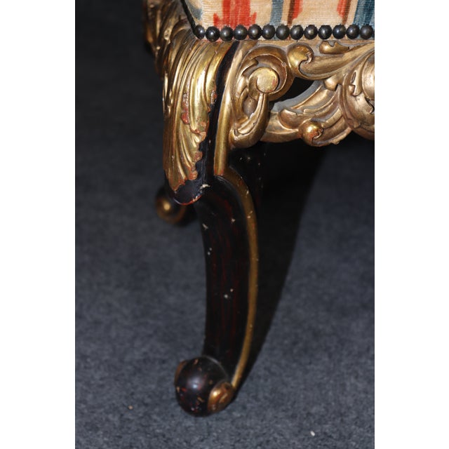 Rococo Outrageous Colorful Upholstered Italian Rococo Giltwood Carved Ebonized Stool For Sale - Image 3 of 7