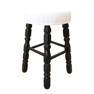 MCM Hand-Turned Stool/Upholstered in Belgian Linen Upholstery For Sale