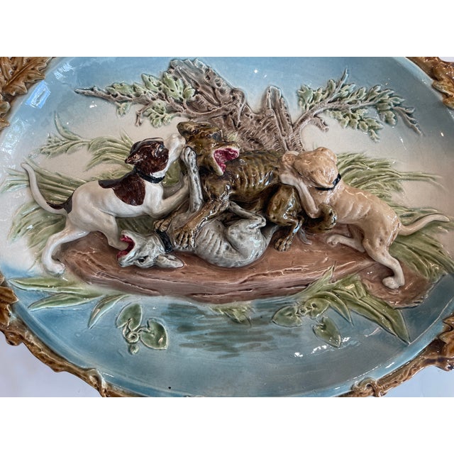 French Sarreguemines Majolica "The Hunt of the Wolves" Barbotine Platter Turquoise Color Rare 19th Century For Sale - Image 17 of 17